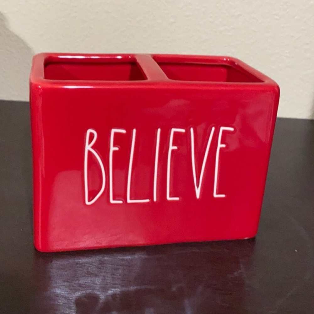 Rae Dunn|”Believe” Christmas Red Ceramic- 2 Large Slots-Toothbrush/Paste Holder